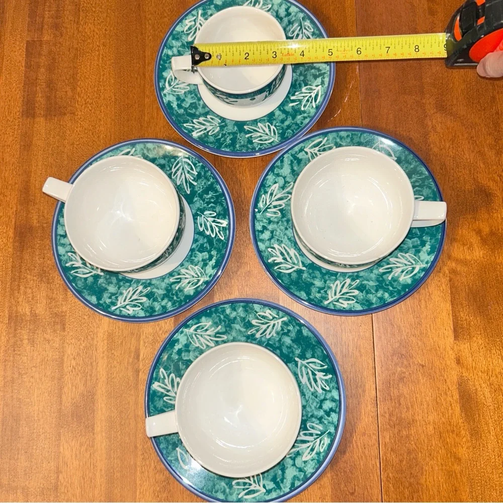 Mikasa Fashion Plate Leaf Song White Teal Ironstone Cups Mug Saucer 2 SETS